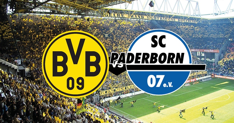 Obrazek przedstawia grafikę przedmeczową. Na grafice widzimy loga rywalizujących drużyn Borussi Dortmund oraz SC Paderborn