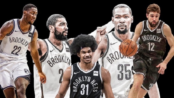 Obrazek przedstawia prowizoryczną pierwszą piątkę Nets w sezonie 2020