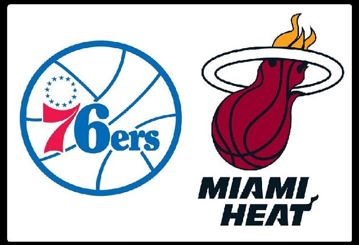 Obrazek przedstawia grafikę przedmeczową i zawiera loga drużyn Philadelphia 76ers oraz Miami Heat