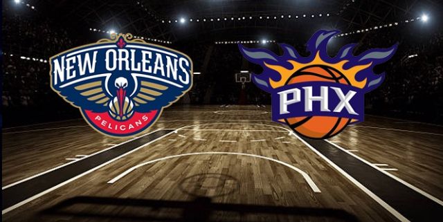 Obrazek przedstawia grafikę przedmeczową i zawiera loga drużyn Phoenix Suns oraz New Orleans Pelicans
